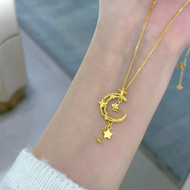 Collar de luna y estrella de mariposa de oro AU750 de alta calidad para mujer, regalo de joyería de cadena de clavícula de temperamento de moda de oro de 18 quilates