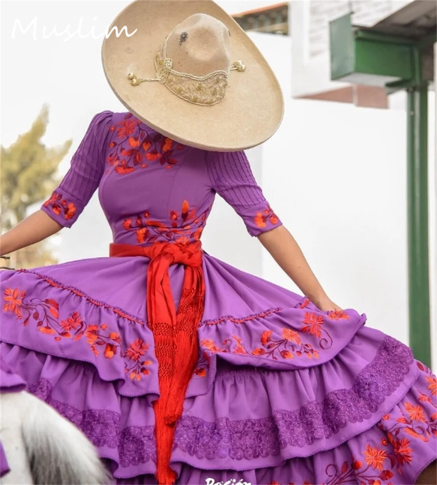 Folklorico Mexican Purple Prom Dress Costume Jalisco Lace Escaramuza Evening Dress Embroidery Birthday Mariachi Party Customized