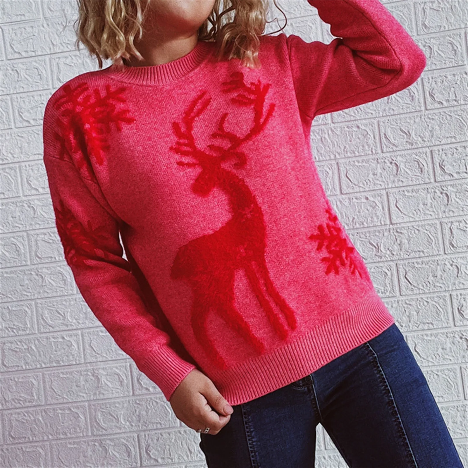 Autumn Women's Clothing Women Crew Neck Long Sleeve Christmas Warm Soft Christmas Pattern Print Knit Sweater Snowflake Knit Tops