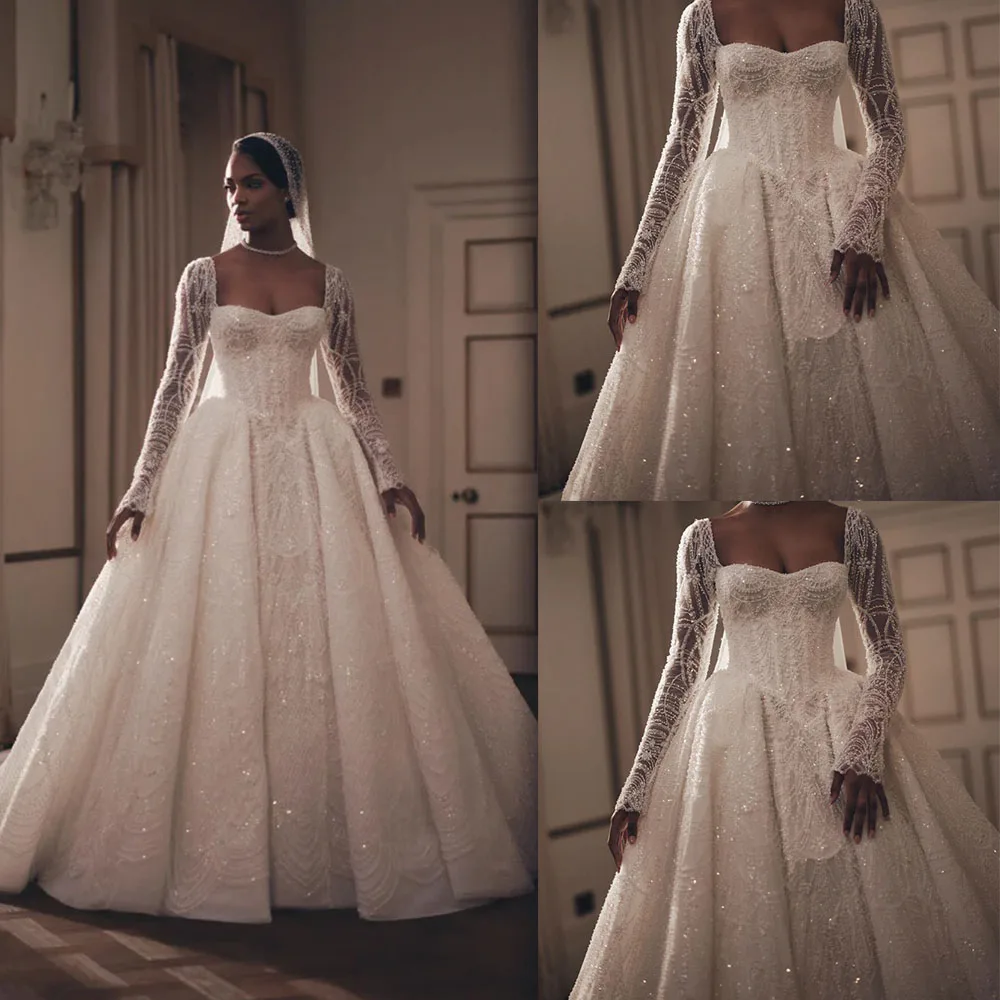 

Vintage Wedding Dresses Sequins Beading Bridal Gowns A-Line Pearls Princess Long Sleeves Customized Bride Vestidos De Novia