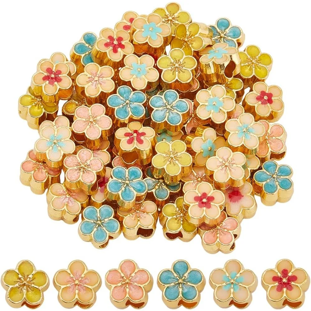 

60pcs Flower Enamel Beads 5 Colors Enamel Beads Large Hole Metal Beads 6 Petals Flower Bead Spacers for Craft Jewelry