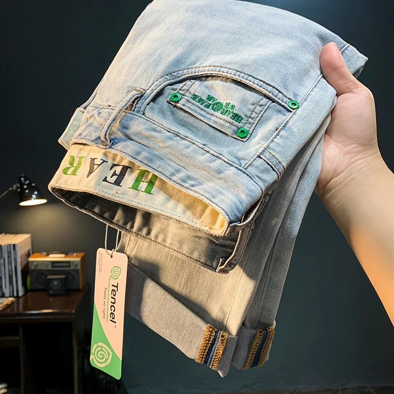 New Style Jeans For Men Fashion Summer Thin Style Embroidery Versatile Casual Trend Light Luxury Straight Fit  Denim Pants