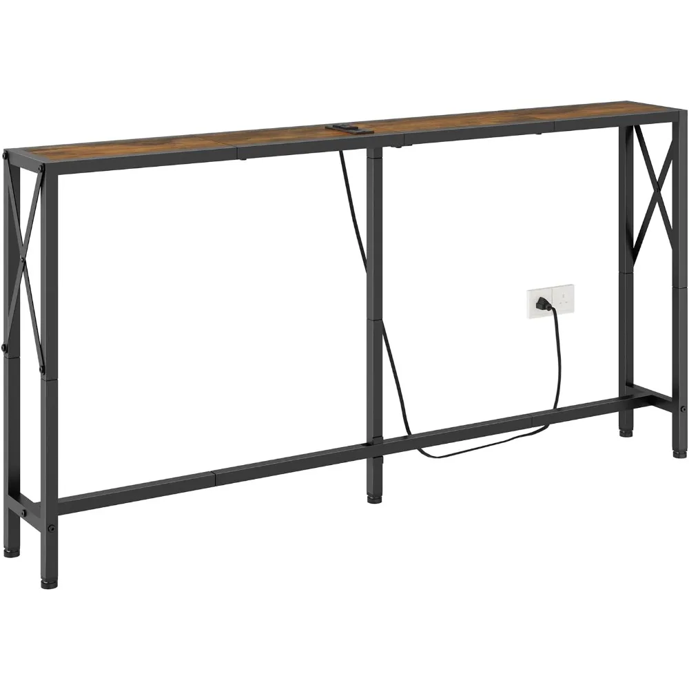 

Console Table with Oulets and USB Ports, 55.1" Sofa Table Behind Couch, Industrial Long Skinny Stand for Hallway, Living Room, B