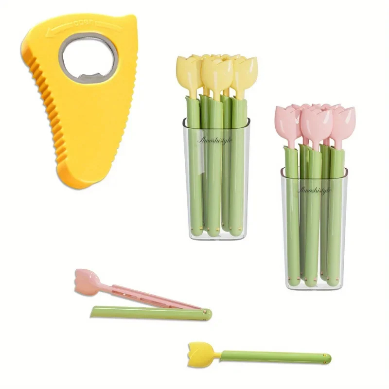 

10 tulip refrigerator magnet sealing clips, 1 yellow small magnetic can opener, multi-purpose can screw capper with magnet