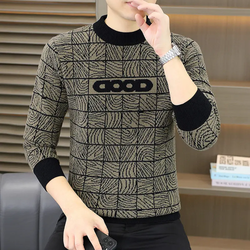 

Casual Men's Knitted Sweater round Ne Wide Fit Faionable Plaid Knit Top for Autumn Winter Comfortable Breathable Warmth