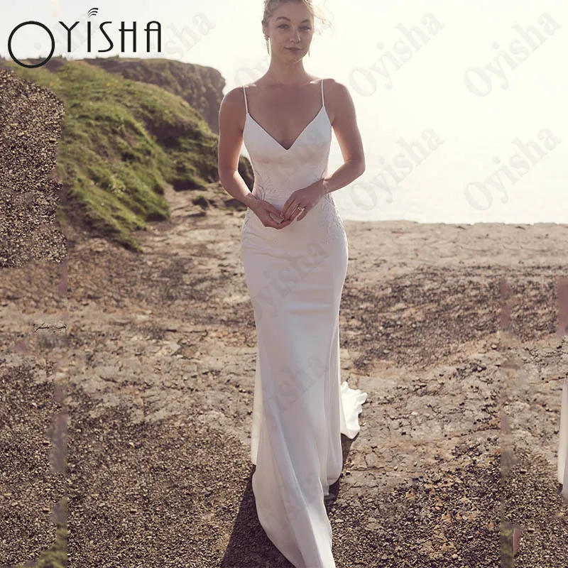 Oyisha Simple V-Neck Mermaid Wedding Dress For Women Spaghetti Straps Appliques Bride Gowns Sleeveless Illusion Back Robe Mariée