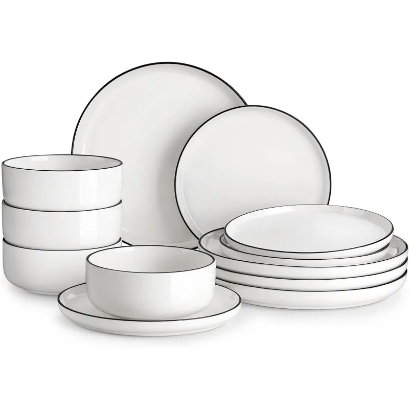 Plates and Bowls Sets, 12 Pieces Modern Porcelain Dinnerware Set for 4 White Kitchen Dinner Dining Ware Set