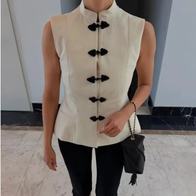 Women's Fittde Waistcoat Summer New O Neck Sleeveless Frog Button Tops Fashion Casual Female Outerwear Chinese Style Top
