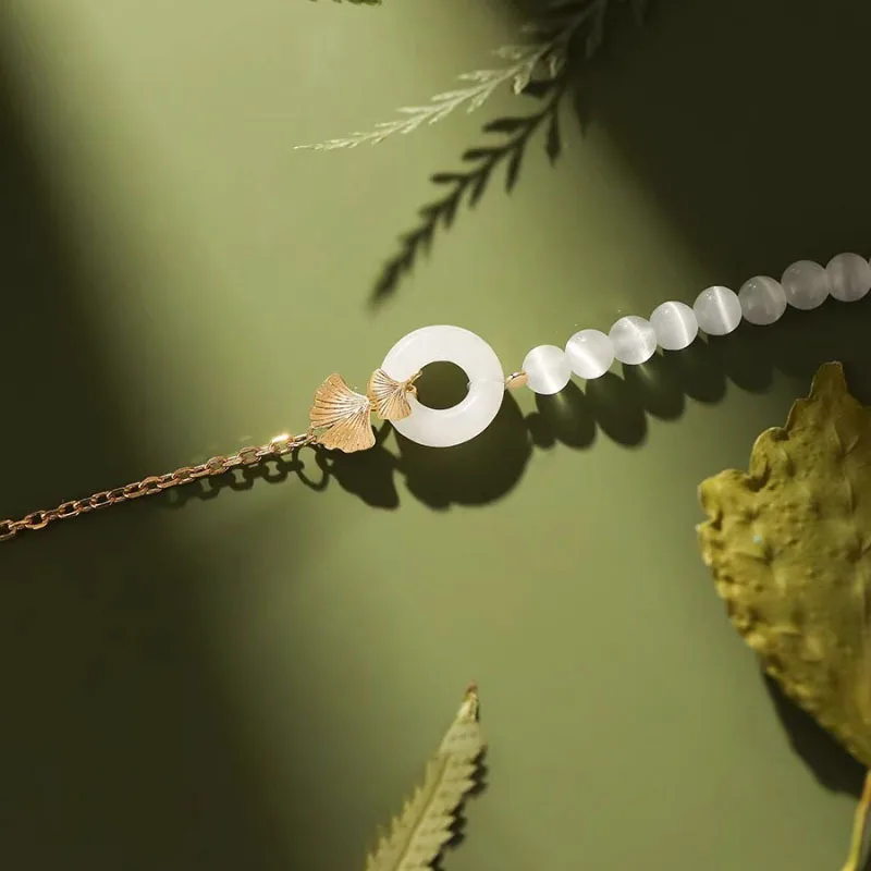 925 Sterling Silver Bracelet White Jade Golden Gingko Leaf Geometric For Woman Girl Fashion Jewelry Gift Dropship Wholesale