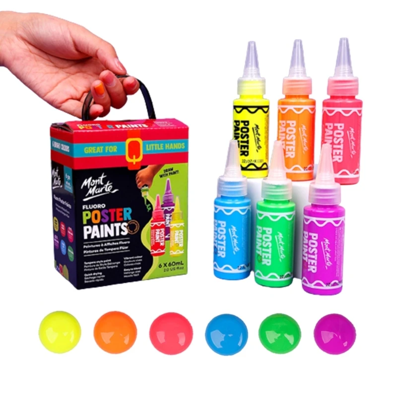 مجموعة طلاء أصابع قابلة للغسل من 6 ألوان للأطفال بعمر 3 سنوات فما فوق، لون أساسي/فلورسنت/معدني K1KF