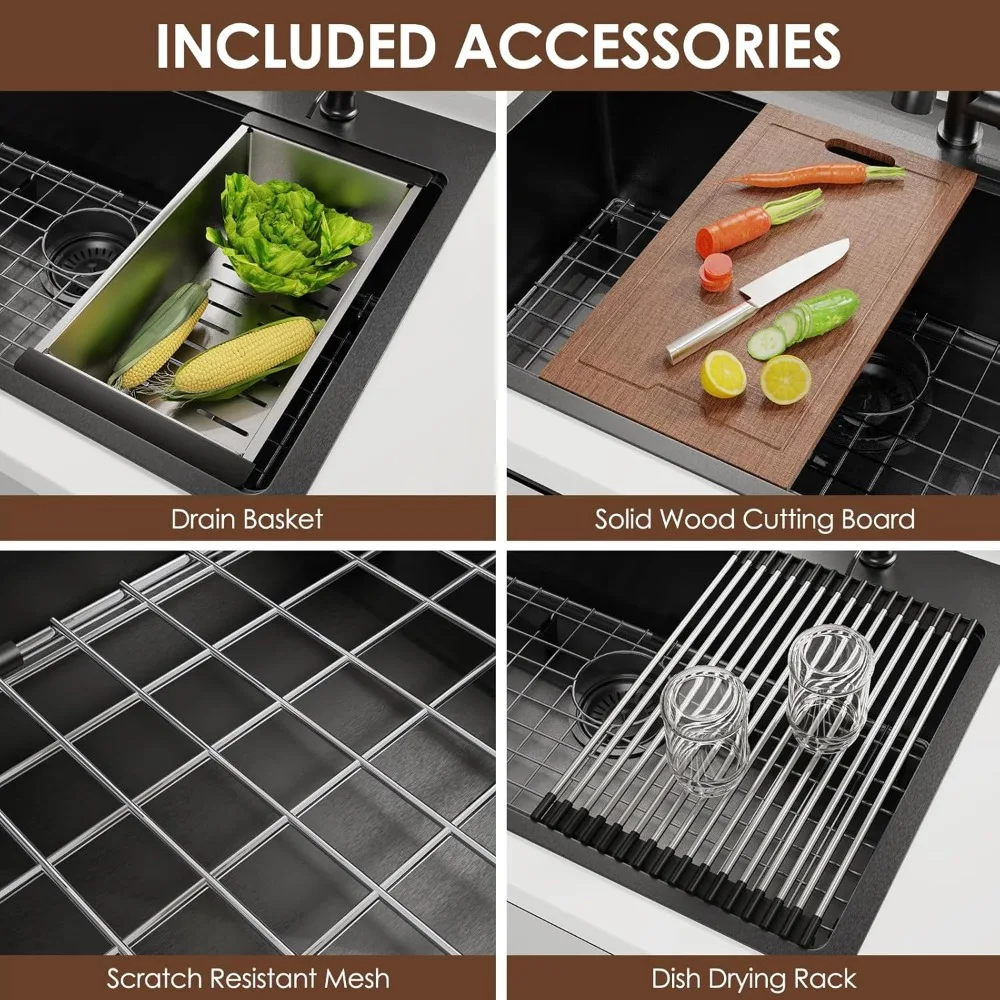 Accessoires de cuisine et de bain 33x22 pouces évier de cuisine noir goutte dans les éviers de cuisine en acier inoxydable poste de travail à bol unique de calibre 16