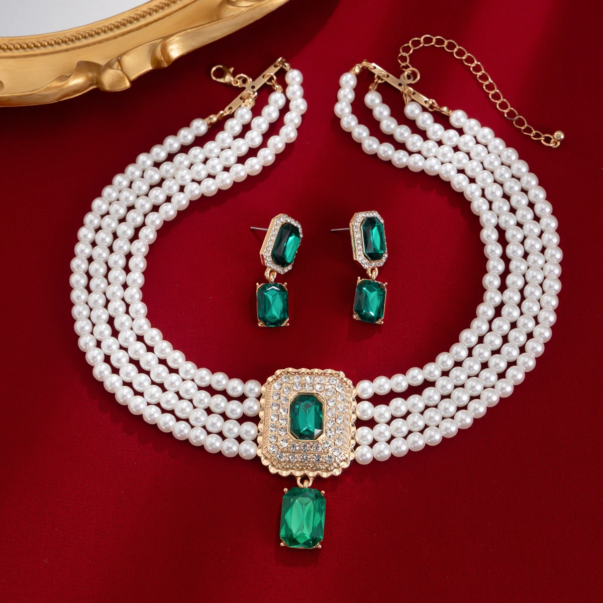 SHIXIN 2Pcs Luxury Multilayer Imitation Pearl Choker Necklace Earrings Bridal Green Rhinestone Neck Chain Wedding Jewelry Set