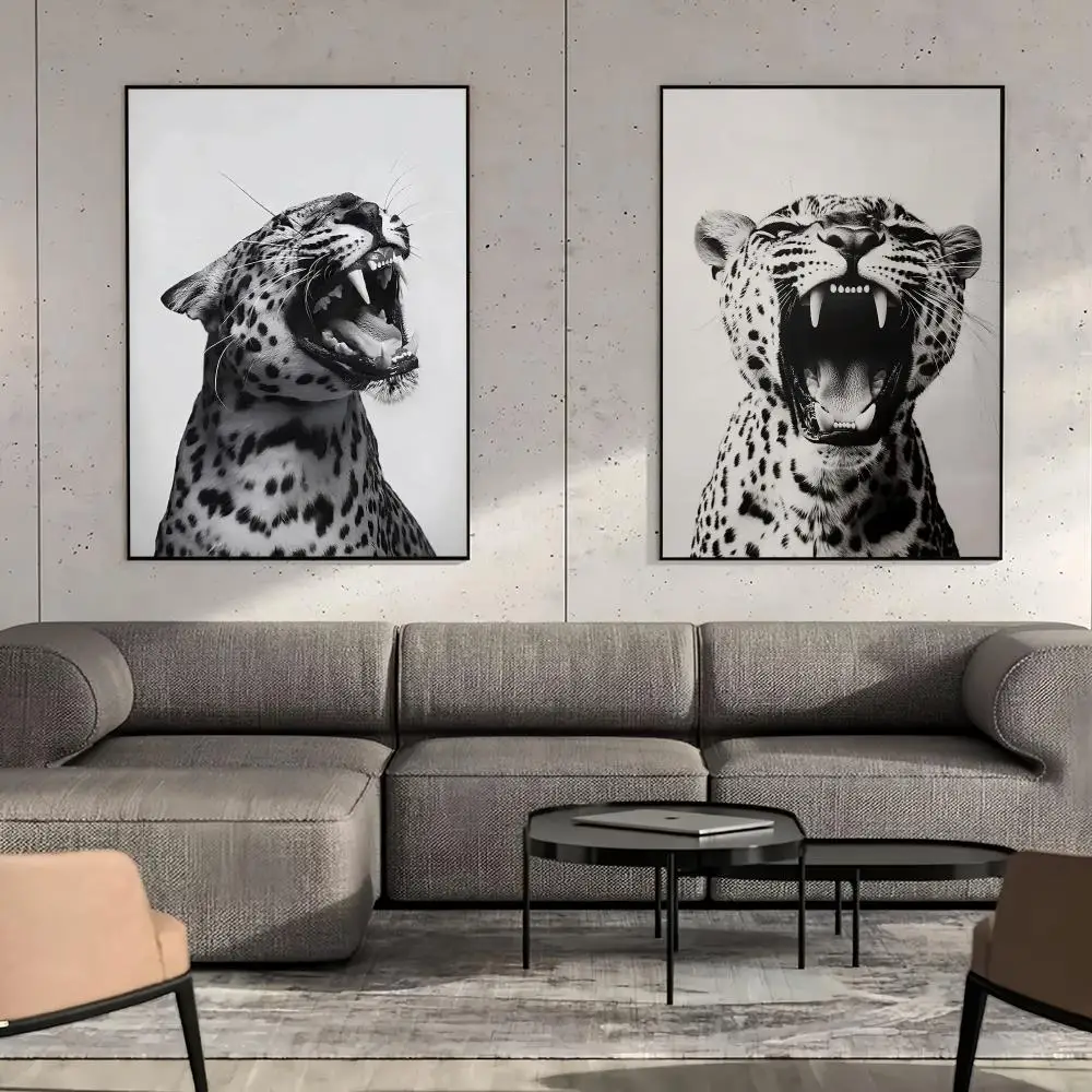 Leopard Roar Canvas Poster Black White Animal Fashion Stylish Modern Living Room Home Decor Gift Painting Calligraphy