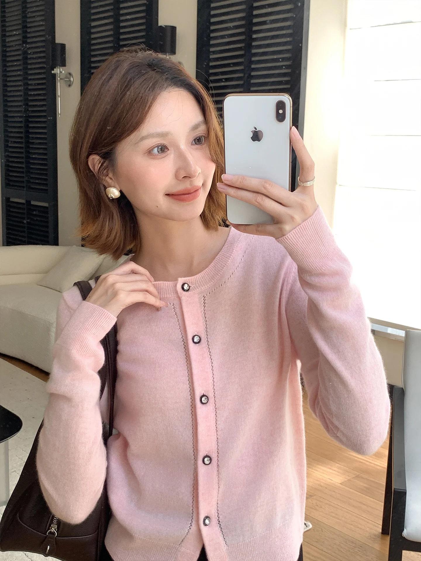 

Мятно-персиковый женский вязаный свитер-кардиган с круглым вырезом, модный, омолаживающий, для ранней осени, из шерсти и кашемира