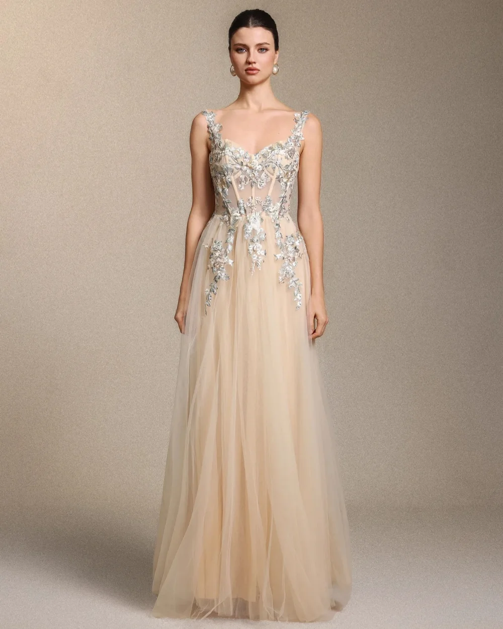 

Customized Modern Style Fashion Tulle Handmade Flower Sequined Prom Dress Sparkle Spaghetti Strap Floor-length Evening Dresses