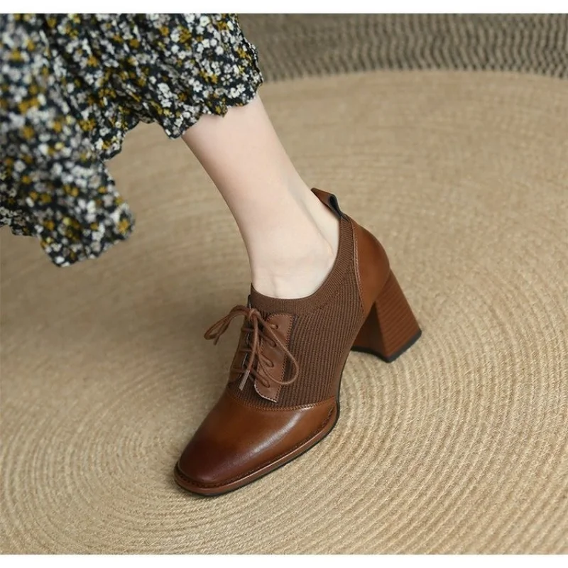 2022 Spring and Autumn Fashion High-heeled Shoes Women Thick Heel Stitching Knitted British Style Square Toe Women\'s Shoes