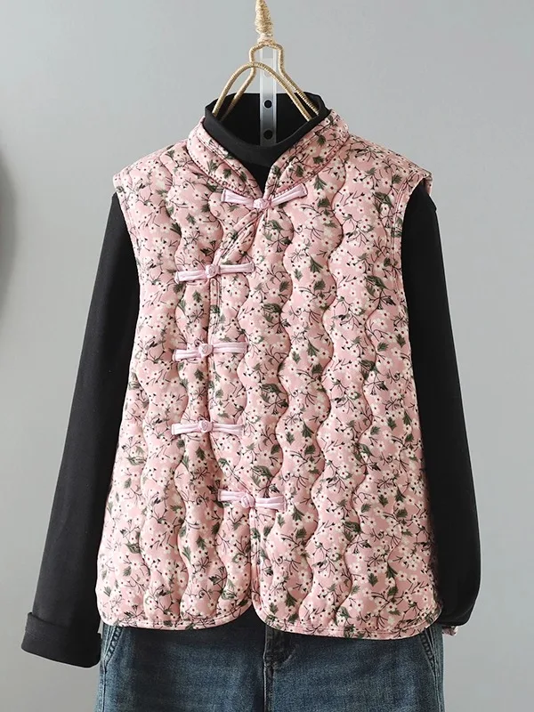 

Женская хлопковая куртка больших размеров с пуговицами, теплый жилет с цветочным принтом, зимняя верхняя одежда, розовое хлопковое пальто с цветочным принтом