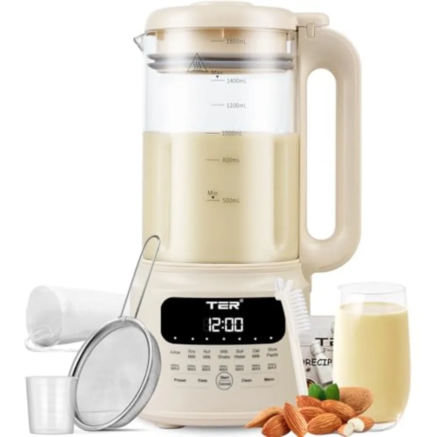Glass Nut Milk Maker Machine for home use, borosilicate glass, beige, 10-in-1 versatility with auto clean, 24H preset, 12H keep