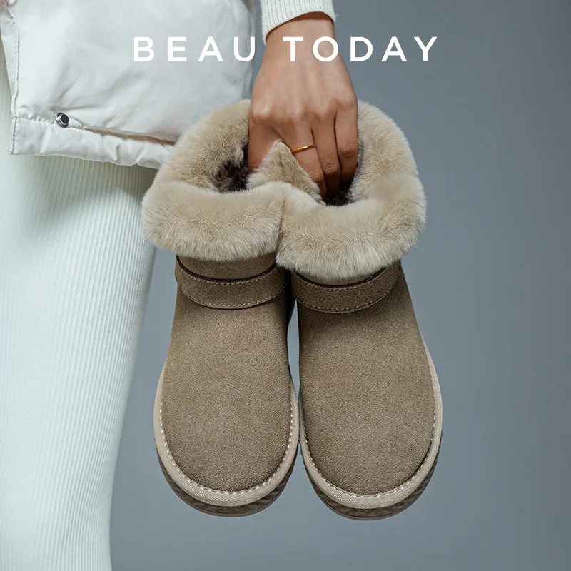 

Зимние ботинки BEAUTODAY, женские ботильоны из коровьей замши, женская зимняя обувь на теплом меху с металлической пряжкой, ручная работа, A08032