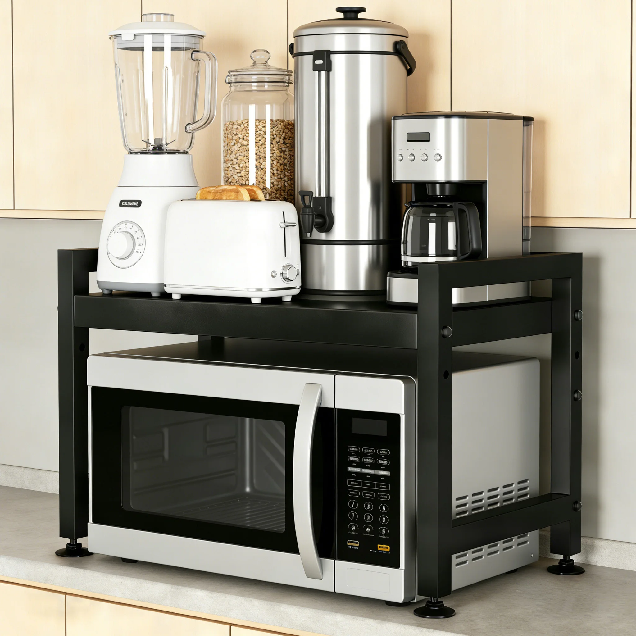 Étagère extensible pour micro-ondes, support pour micro-ondes à 2 niveaux avec 6 crochets, support pour friteuse à air, support pour four à micro-ondes (lot de 1)