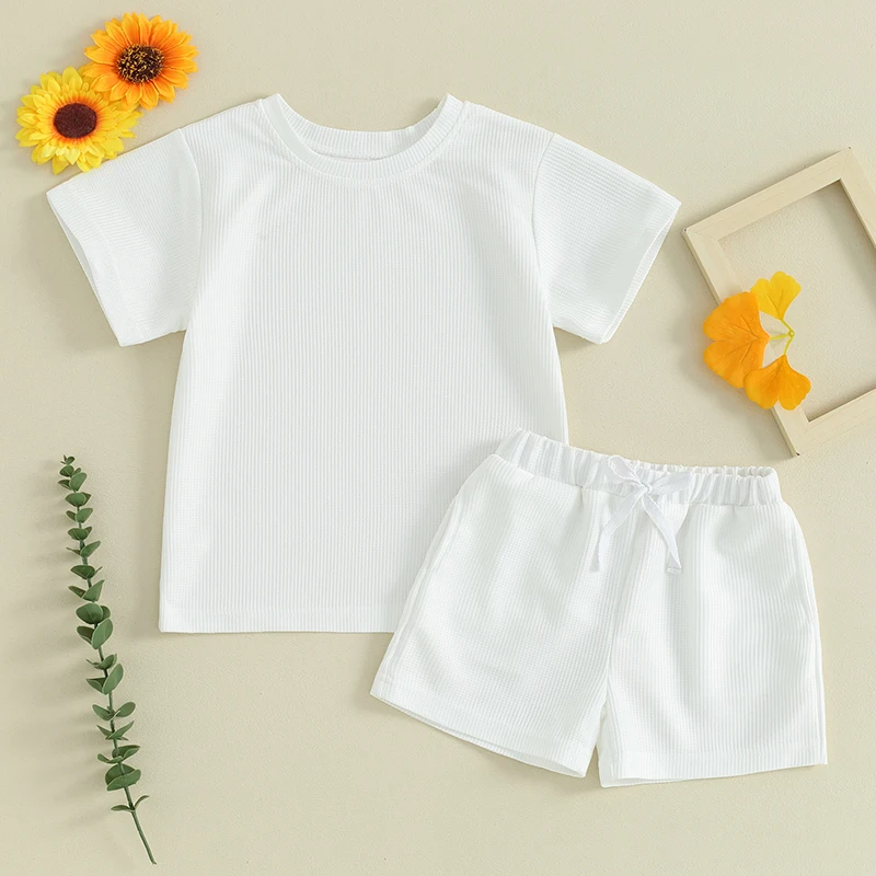 Toddler Girl Boy Summer Outfit 2T 3T 4T 5T 6T Kids Short Sleeve T-Shirts Shorts Set Waffle Knit Clothes