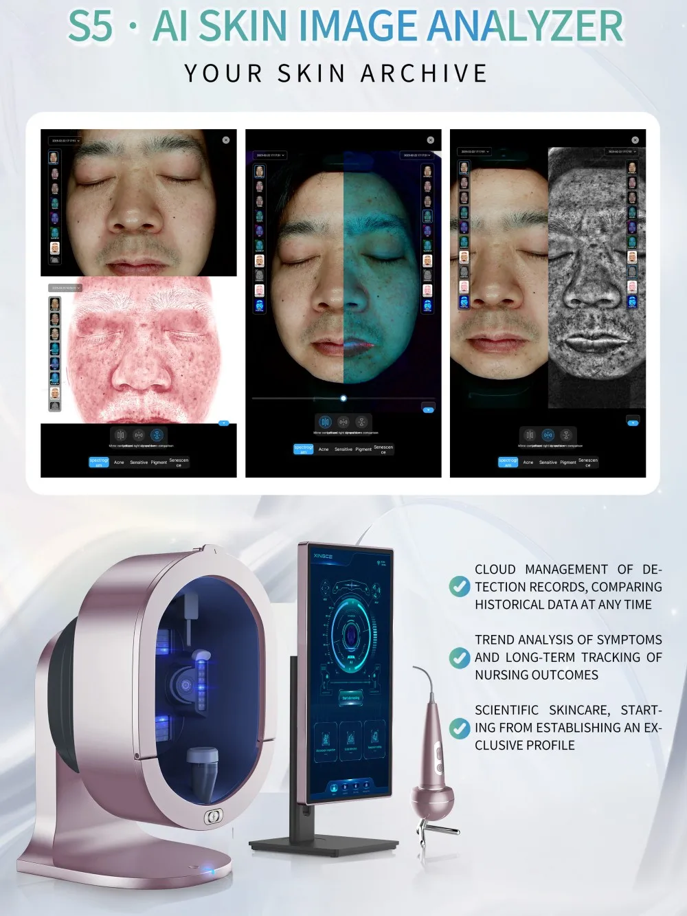 New Upgrade 3D Skin Analysis AI Hair Scalp Analyzer Machine Skin Diagnosis Measuring UV Facial Scanner Device For Beauty Salon