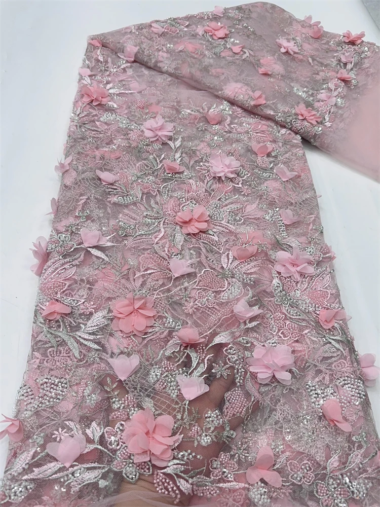 

Роскошная африканская кружевная ткань с блестками из бисера, 2024, нигерийская вышивка, 3D аппликация, блестки, тюль, кружевная ткань для шитья платья FJ