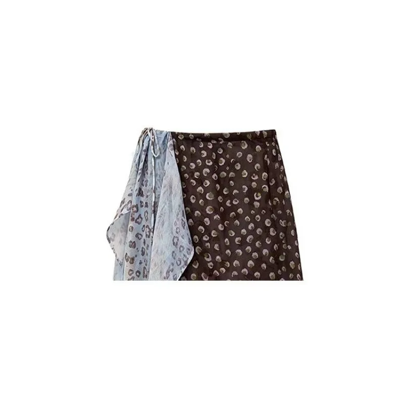 Kimotimo Irregular Printed Skirts Women One Piece Bandage Waist Overlap A-line Skirt Vintage Y2k Aesthetic Contrast Color Faldas