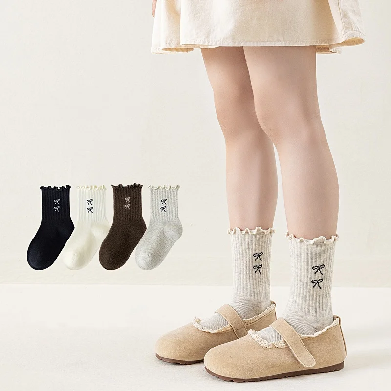 4 Paar/Set Kindersocken für Mädchen, gerüschte, süße Schleifen-Mittellängensocken für Mädchen, einfarbige, vielseitige Kindersocken für Schüler, Frühling Herbst – Detail 1