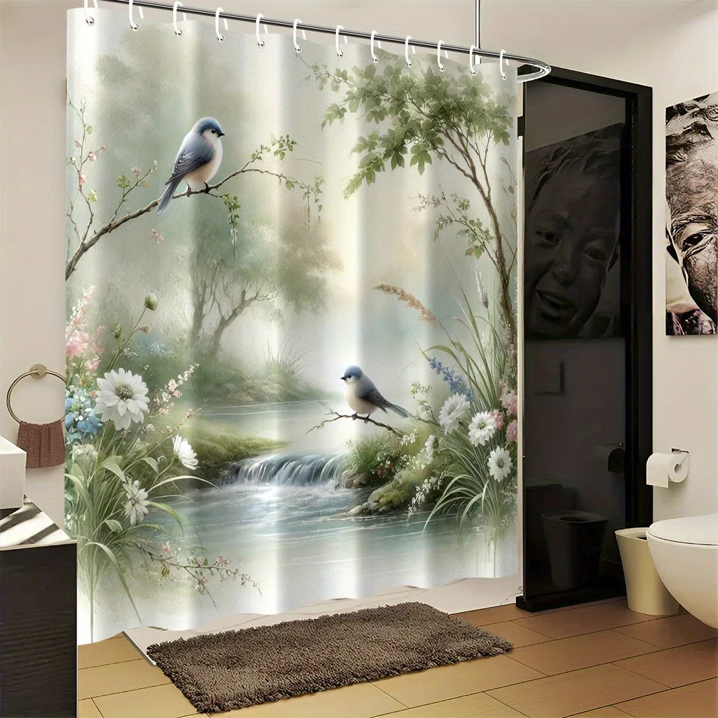 Bathroom Curtains Shower Curtains Waterproof Fabric Blue Bird and Flower Bath Screen Divider Home Decor Stream Peaceful