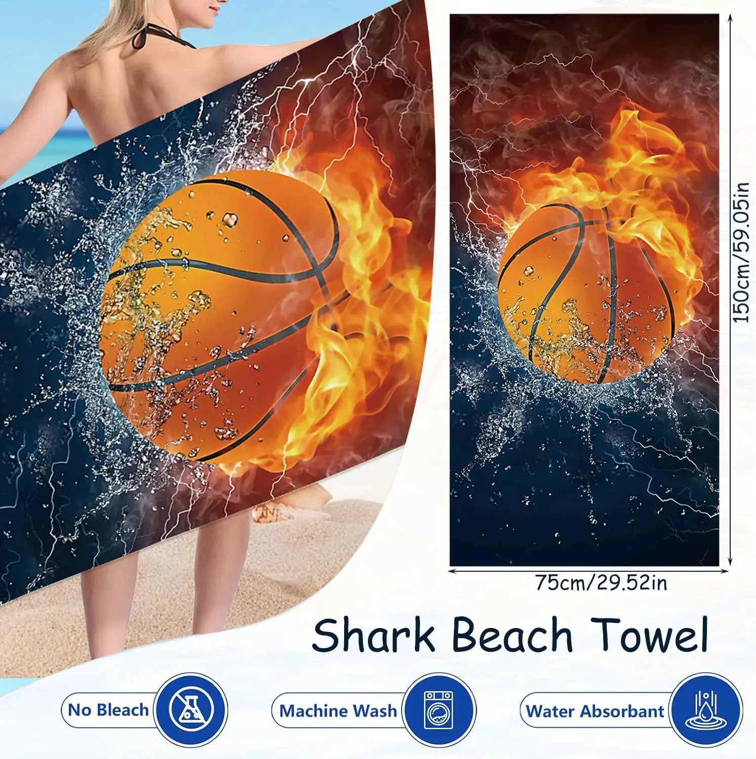 1PC Basketball Print Beach Towel, Cool Fire Design Soft Microfiber, Quick Dry for Adults & Kids, Ideal for Pool Swim Travel Bath view 6