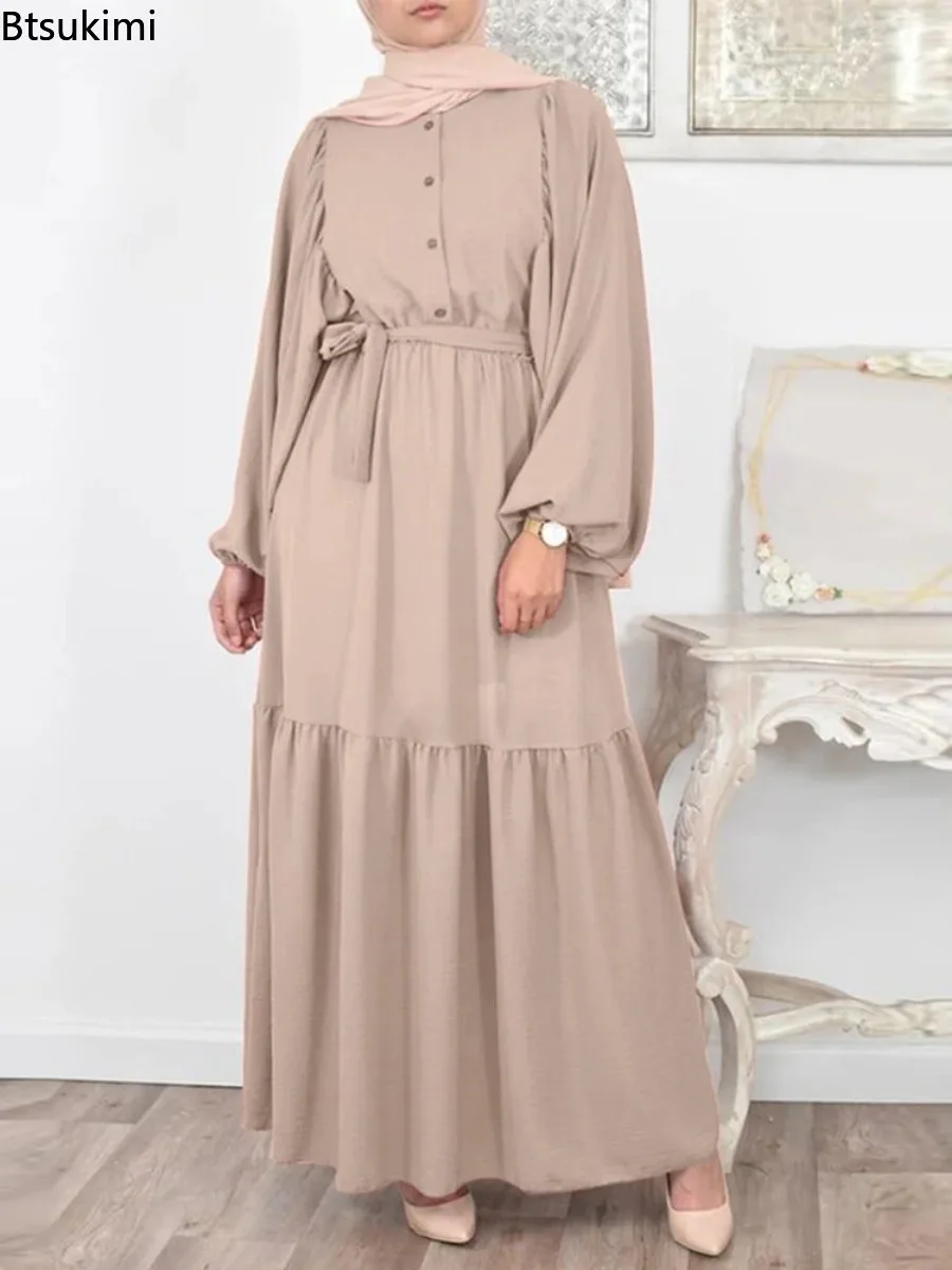 2024 Women\'s Elegant Muslim Shirt Dress Oversized Puff Sleeve Hijab Caftan Islamic Clothing Casual Belted Jilbab Sundress Female