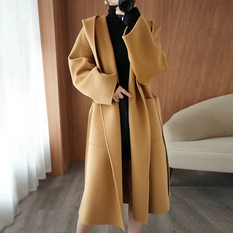 2025 High-quality Double-faced Cashmere Coat Women's Long Wool Overcoat Autumn Winter Hooded Sashes Loose Outerwear Streetwear