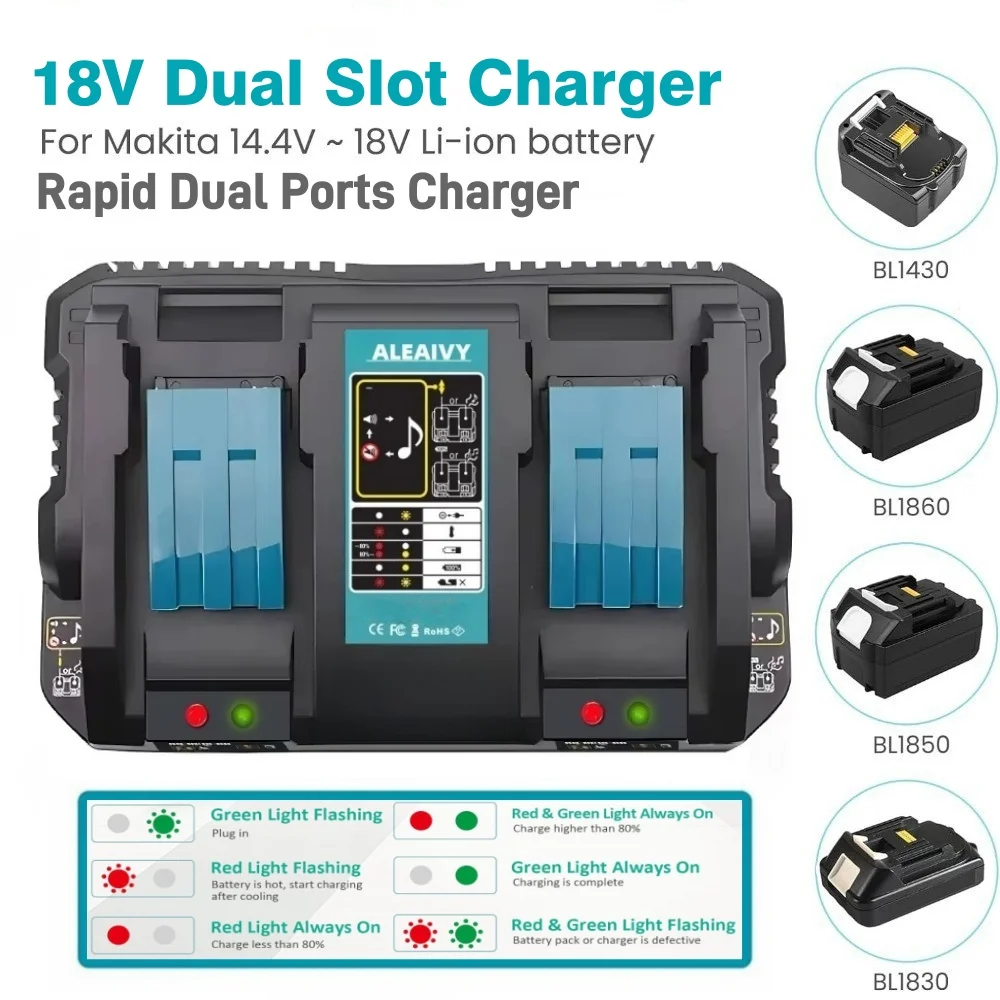

AY18RD 18V Dual Charger For Makita BL1830 BL1415 BL1430 BL1840 BL1850 BL1860 14.4V-18V Li-ion Battery Replacement 3A Charger