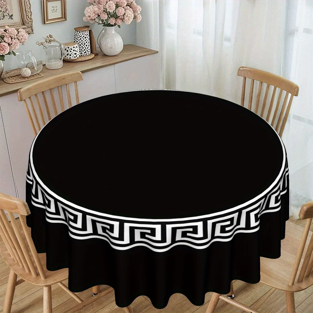 Black checkered circular ring kitchen and dining room printed round tablecloth, made of thick twill material