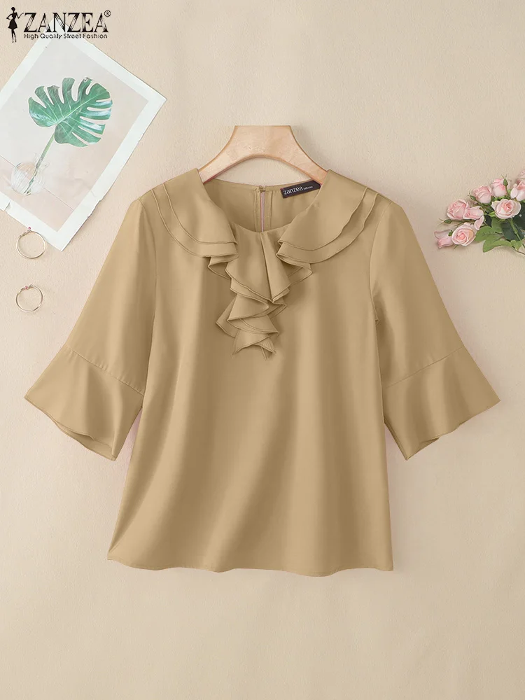 

ZANZEA, женские элегантные блузки с оборками, лето 2021, мода 3/4, расклешенные рукава, круглый вырез, однотонная сорочка, повседневная одежда, Blusas Mujer