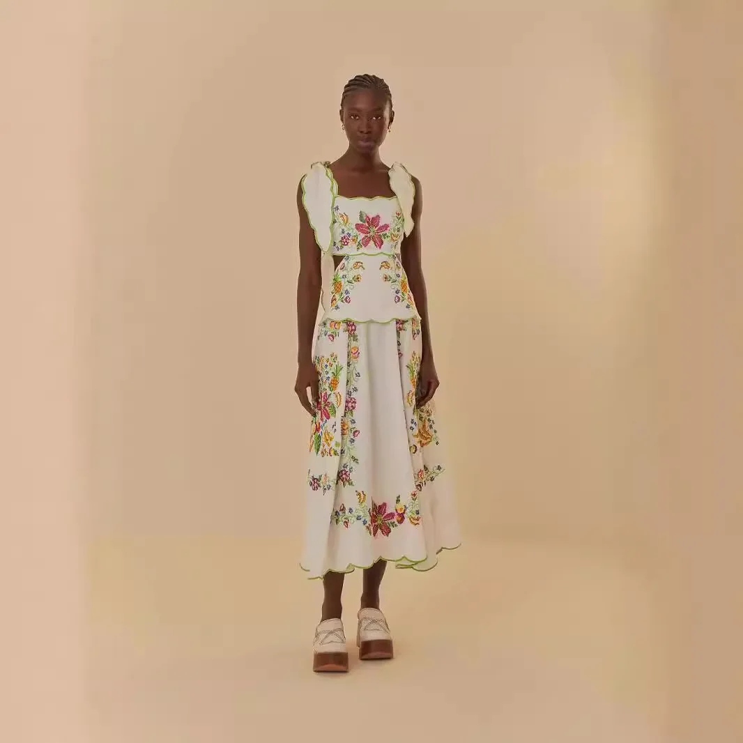 Damska sukienka midi z haftem kwiatowym, falbanką i wycięciami, dwuczęściowa, z kwadratowym dekoltem, bez rękawów, letnia sukienka w stylu boho na imprezę.