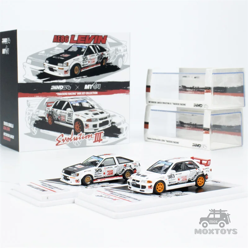 INNO 1:64 COROLLA AE86 Levin & LANCER EVOLUTION III TRACKERS RACING Diecast Model Car