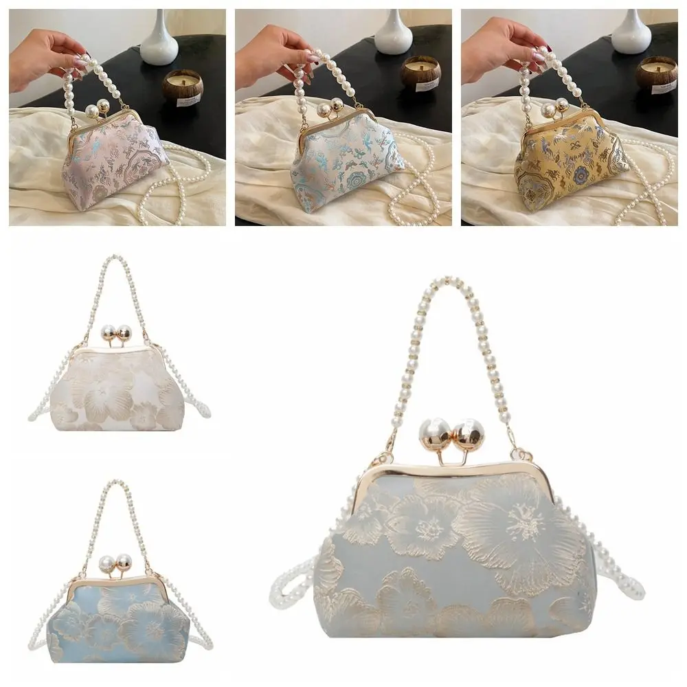 Pearl Chinese Style Handbag Shoulder Cheongsam Accessories Hanfu Clutch Bag Elegant Kiss Lock Embroidery Banquet Bag Banquet