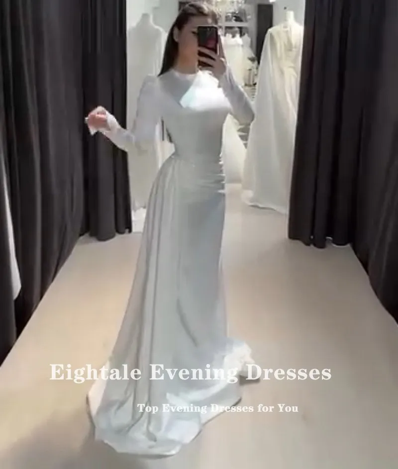 Eightale Arabic Wedding Dress Customized High Neck Beaded Pleats Long Sleeves Mermaid Satin Muslim Bridal Gown Robe De Mariée