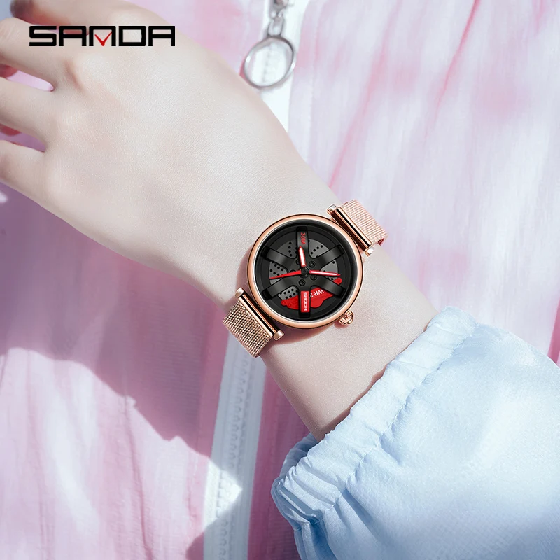 SANDA Fashion Rose Gold Steel Band Quartz Women Watch Outdoor Sports Watch 360° Rotating Dial Design 2023 New Reloj Mujer P1068
