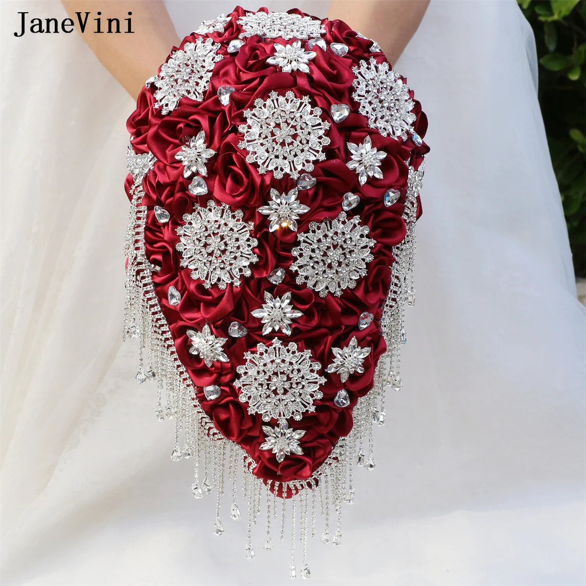 

JaneVini New Luxury Diamond Waterfall Bridal Bouquets Burgundy Ribbon Roses Crystal Tassels Cascading Bouquet Flower for Wedding