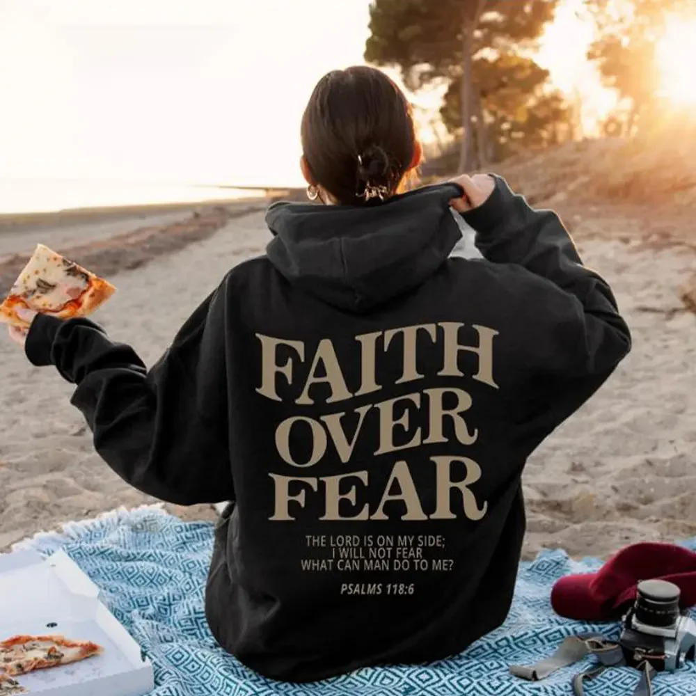 

Faith Over Fear Back Printed Women Hoodies Cotton Loose Religious Clothes Ladies Winter Fashion Christmas Gift Pullovers