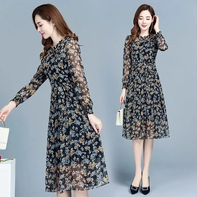 Floral Chiffon Dress Women's Autumn 2022 New Fashion Spring and Autumn Temperament Mid-Length High-Waisted Over-The-Knee Skirt