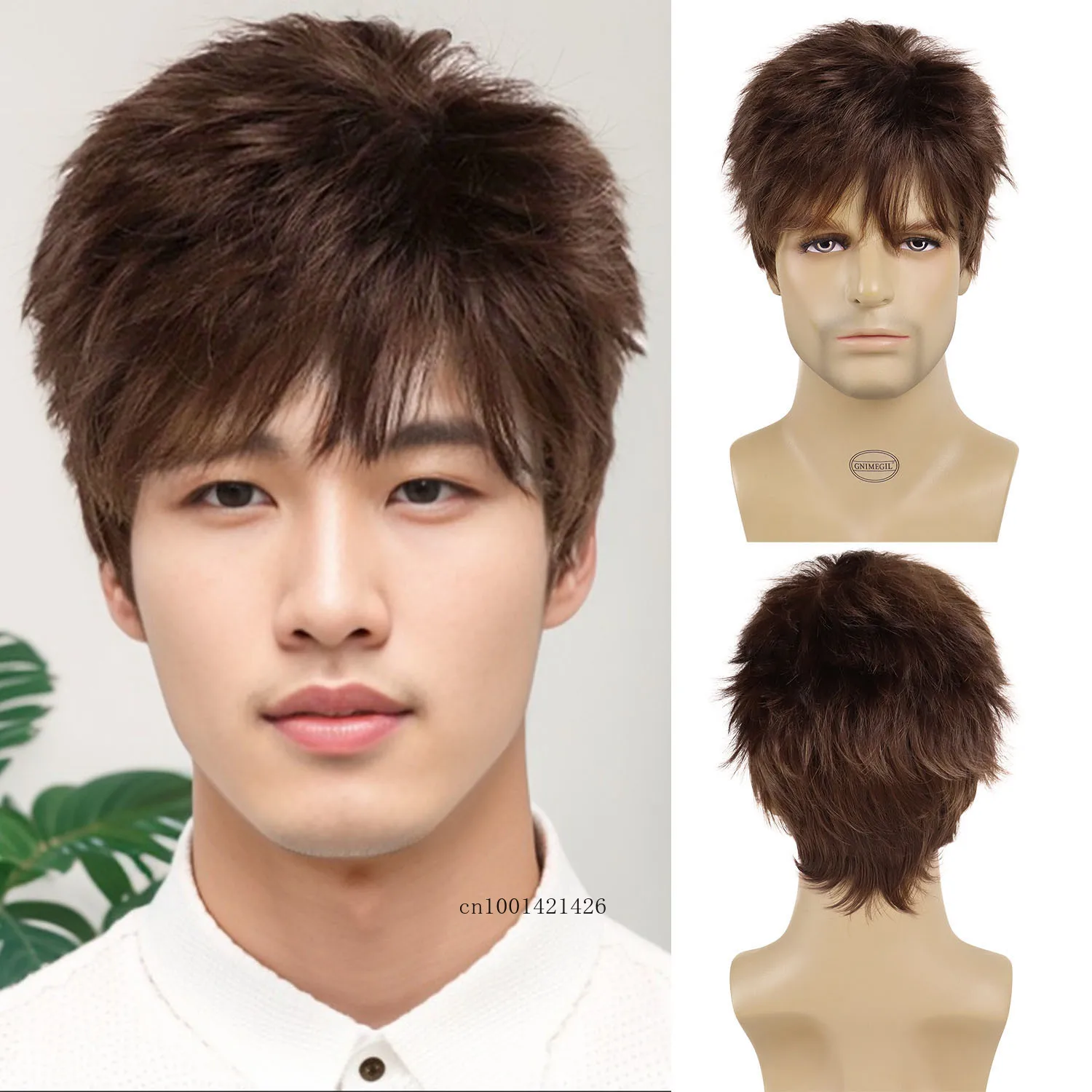 Wig Men Guys Short Haircuts Synthetic Hair Replacement Wigs Natural Mix Brown Casual Daily Use Carnival Party Costume Wigs Male