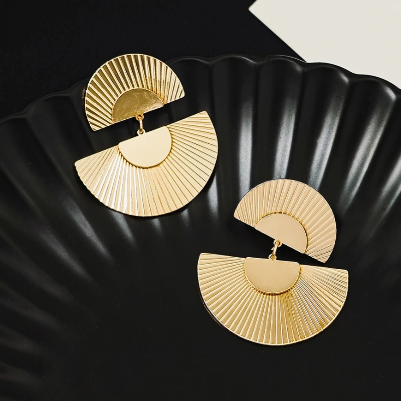 Double-layers Fan Shape Women's Hanging Earrings Uneven Semicircular Pendants Drop Earrings Hyperbole Ear Jewelry 2025 new