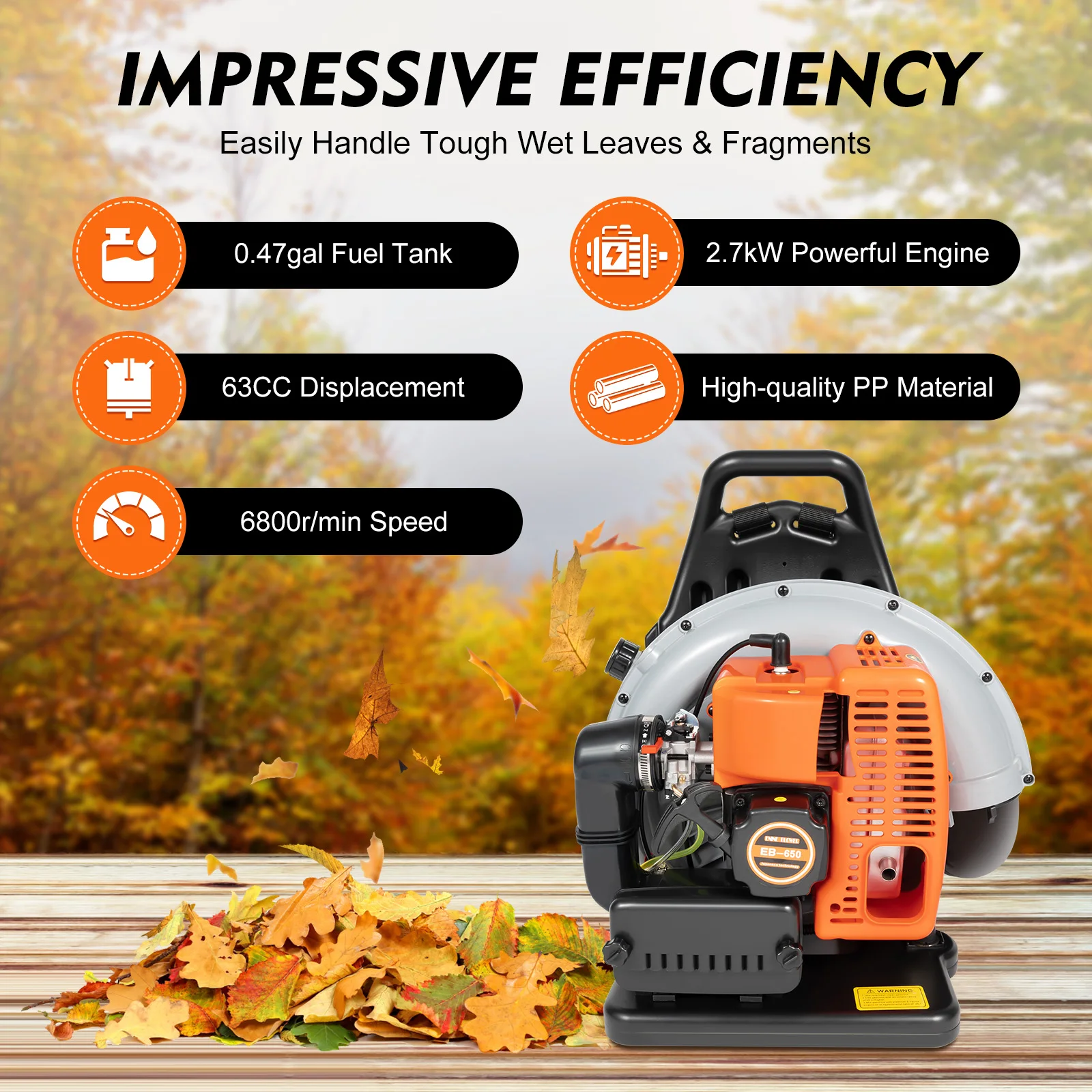 65CC 2Stroke 2.7KW  Petrol Backpack Gas Powered Leaf Blower Commercial Lawn Blower for Outdoor Garden Grass Clean