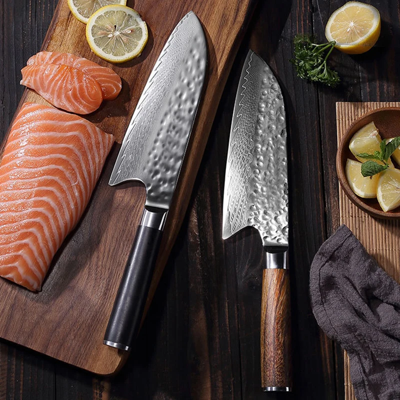 

Santoku Knife 10Cr15MoV 67 Layer Damascus Steel 18cm Blade Sharp Chefs Cleaver Slicing Fish Sushi Kitchen Knives Wood Handle