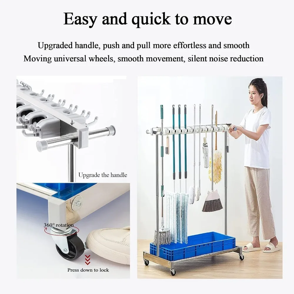 حامل ممسحة ومكنسة مثبت على الأرض، عربة تنظيف تجارية محمولة، حامل مظلة، رف تجفيف الممسحة