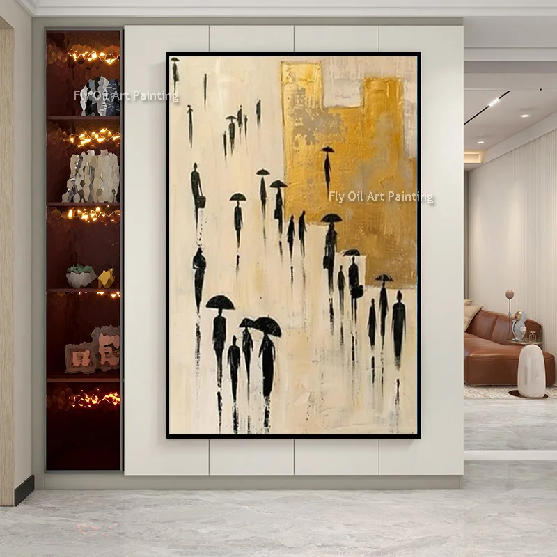 تصميم بسيط مرسومة باليد مجردة أصفر أسود الناس النفط الطلاء على قماش عمل فني شعبي جديد الأخضر البيج جدار ديكور فني #1